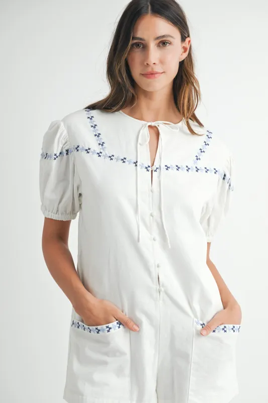 ALVA EMBROIDERED SHORT SLEEVE ROMPER sold by MABLE
