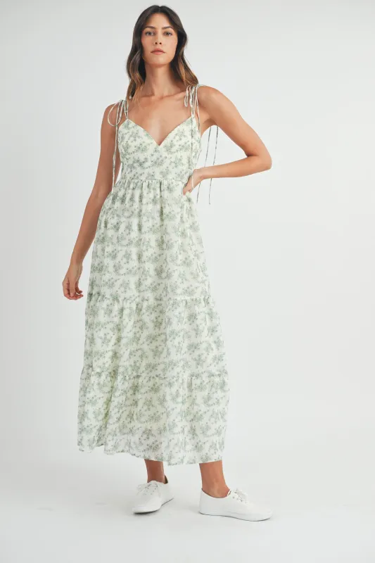 ORION BOW TIED STRAP TIERED MIDI DRESS sold by MABLE