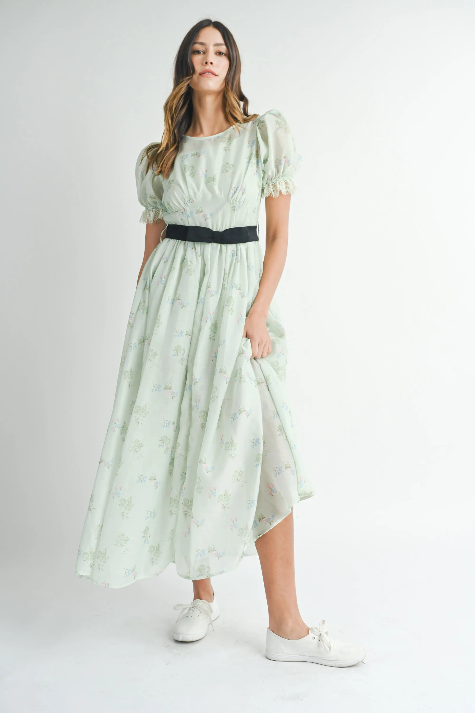CAITLIN PUFF SLEEVE FRONT BOW BELT MIDI DRESS sold by MABLE