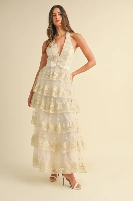 ALEXA GOLD EMBROIDERED HALTER MAXI DRESS sold by MABLE