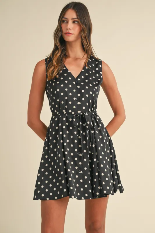 AZELINE POLKA DOT V NECK FLARED TANK MINI DRESS sold by MABLE