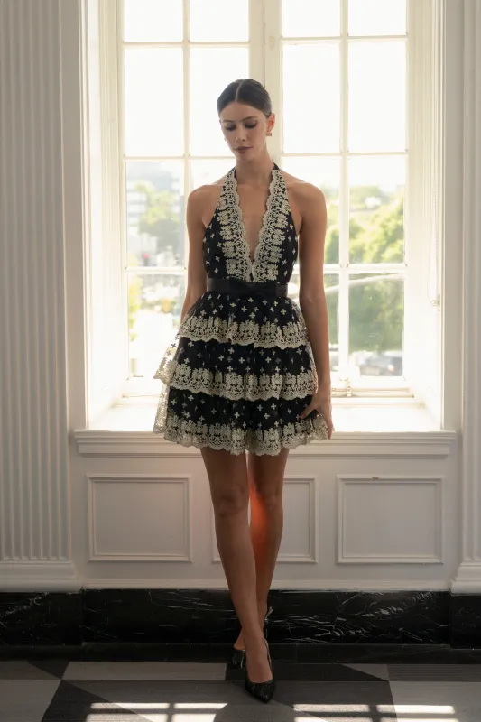 EAMON GOLD EMBROIDERED LACE NECK MINI DRESS sold by MABLE