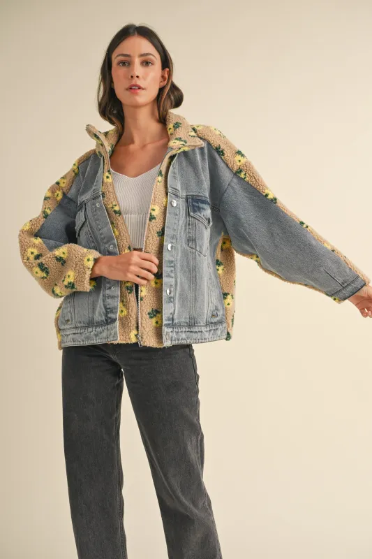 TARA FLORAL SHEARLING DENIM JACKET made by MABLE