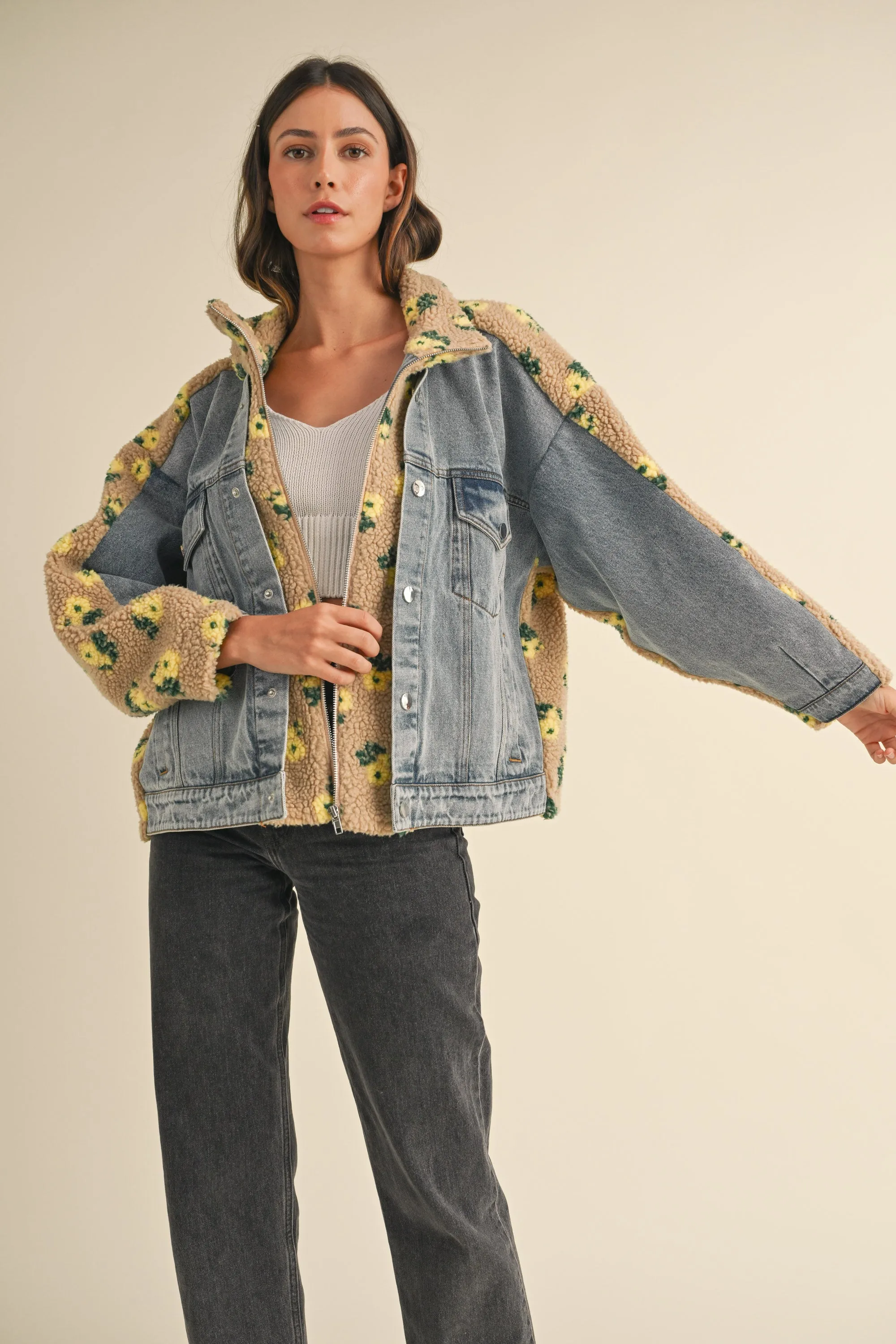 TARA FLORAL SHEARLING DENIM JACKET sold by MABLE