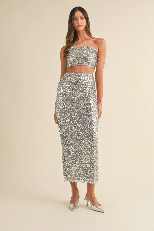 URSINA SEQUIN BANDEAU AND MIDI SKIRT SET made by MABLE
