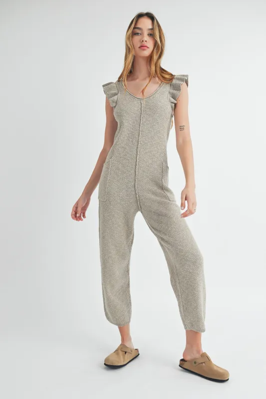 NICKI RUFFLE SLEEVE KNIT JUMPSUIT sold by MABLE