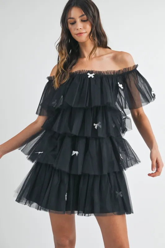 FRISA BOW TRIM TIERED TULLE MINI DRESS made by MABLE