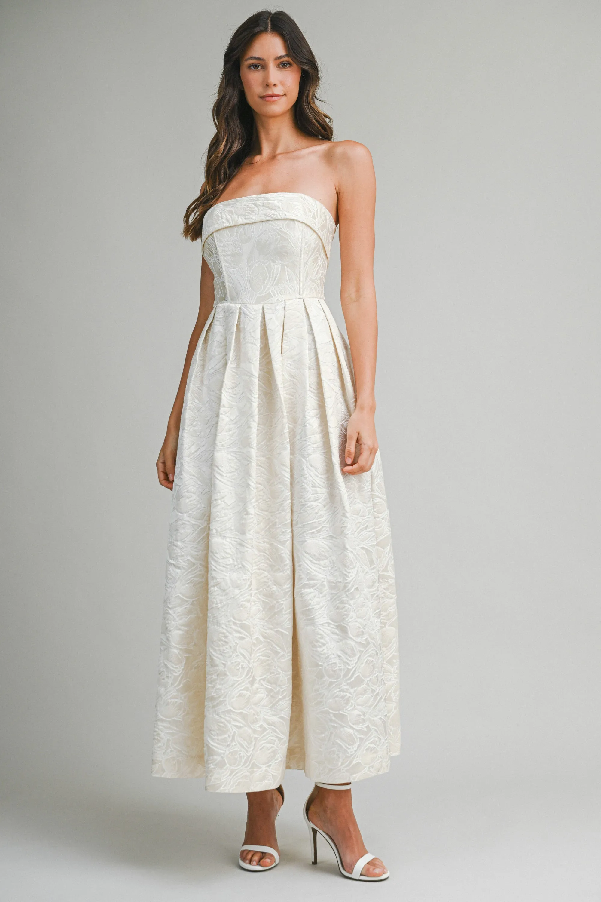 QUINLEY FLORAL JACQUARD TUBE MIDI DRESS sold by MABLE