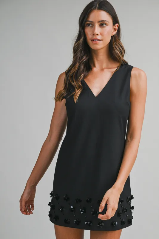 MAELYS FLOWER TRIM HEM V NECK MINI DRESS made by MABLE