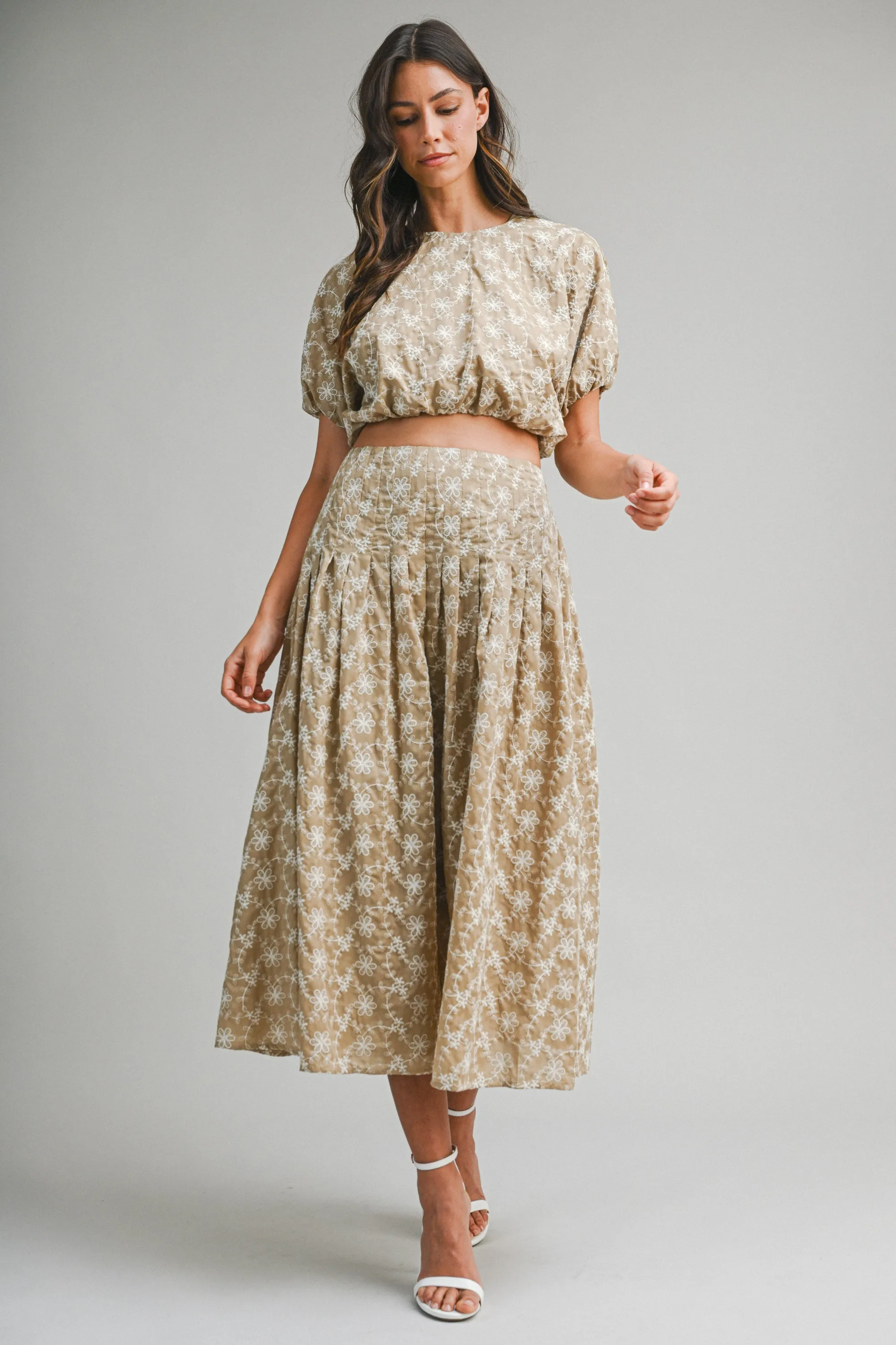 LINNEA EMBROIDERED PUFF CROP TOP AND MIDI SKIRT sold by MABLE product image thumbnail 4
