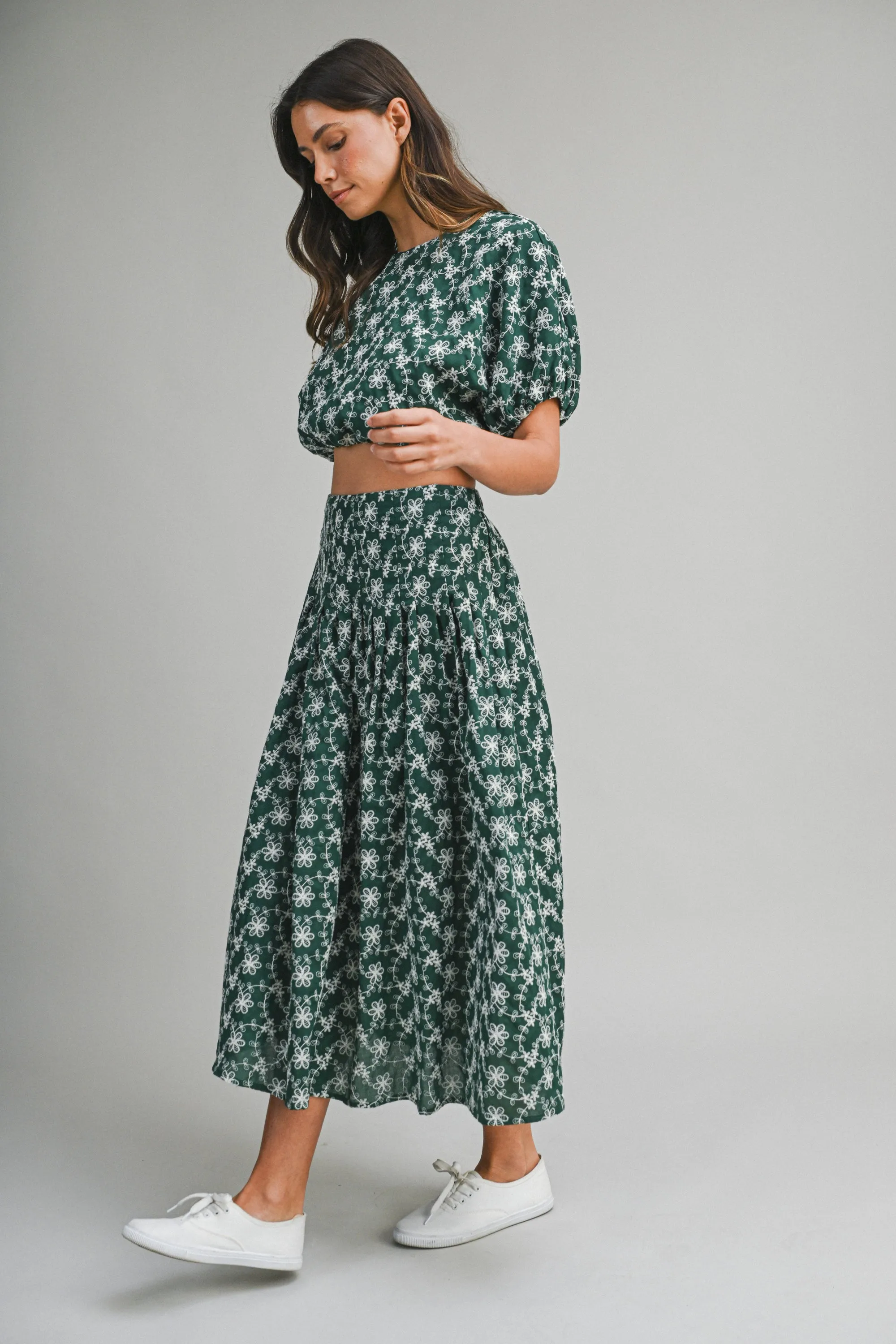 LINNEA EMBROIDERED PUFF CROP TOP AND MIDI SKIRT sold by MABLE product image thumbnail 2