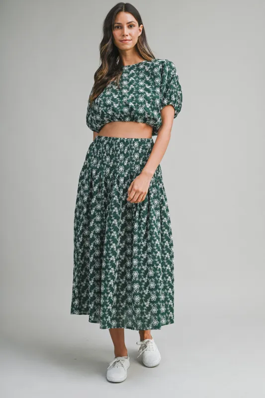 LINNEA EMBROIDERED PUFF CROP TOP AND MIDI SKIRT made by MABLE