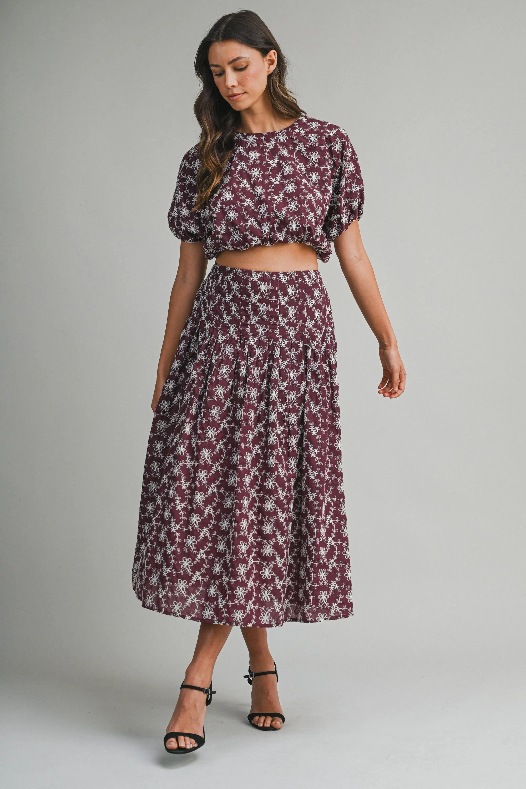 LINNEA EMBROIDERED PUFF CROP TOP AND MIDI SKIRT sold by MABLE product image thumbnail 5