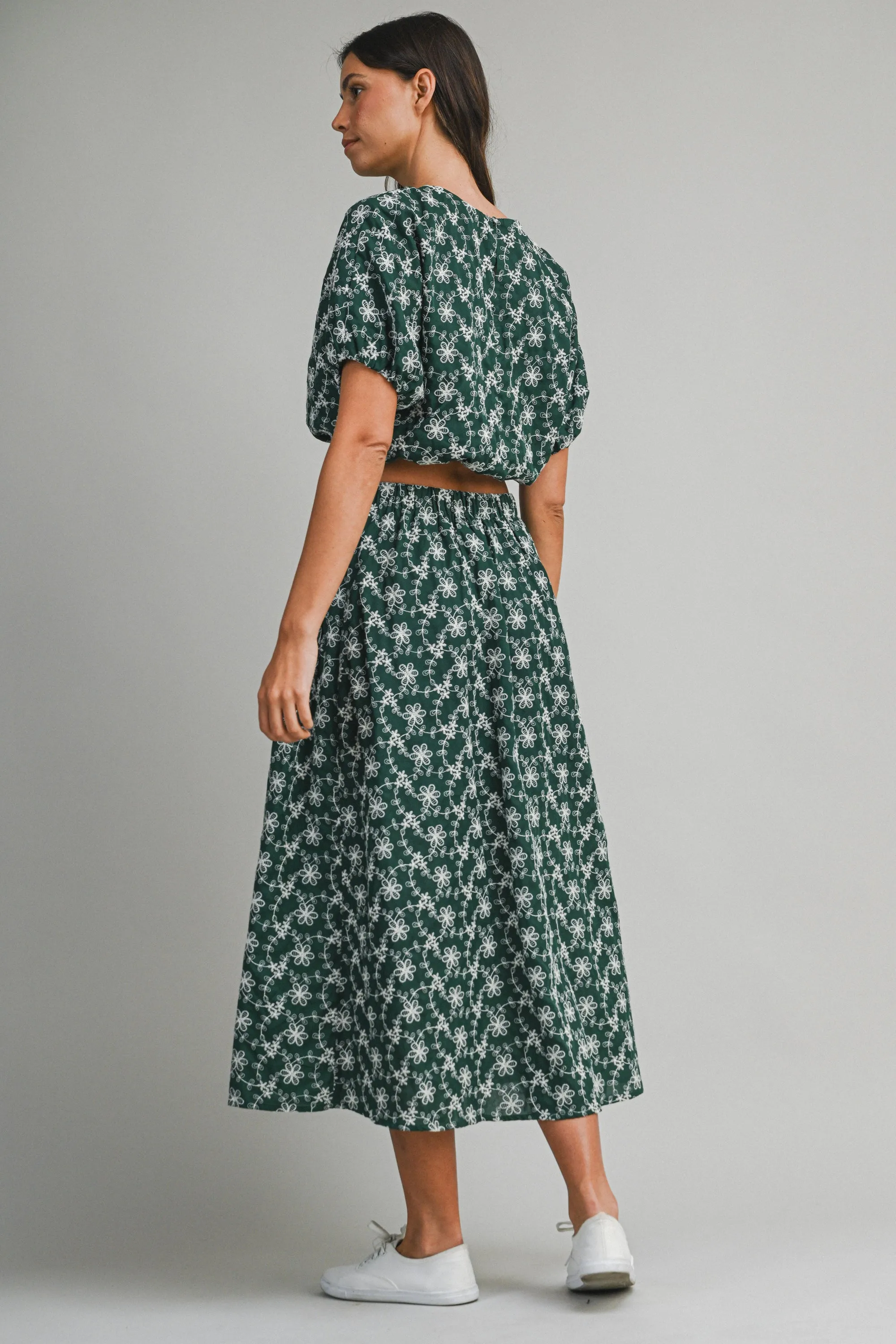 LINNEA EMBROIDERED PUFF CROP TOP AND MIDI SKIRT sold by MABLE product image thumbnail 3