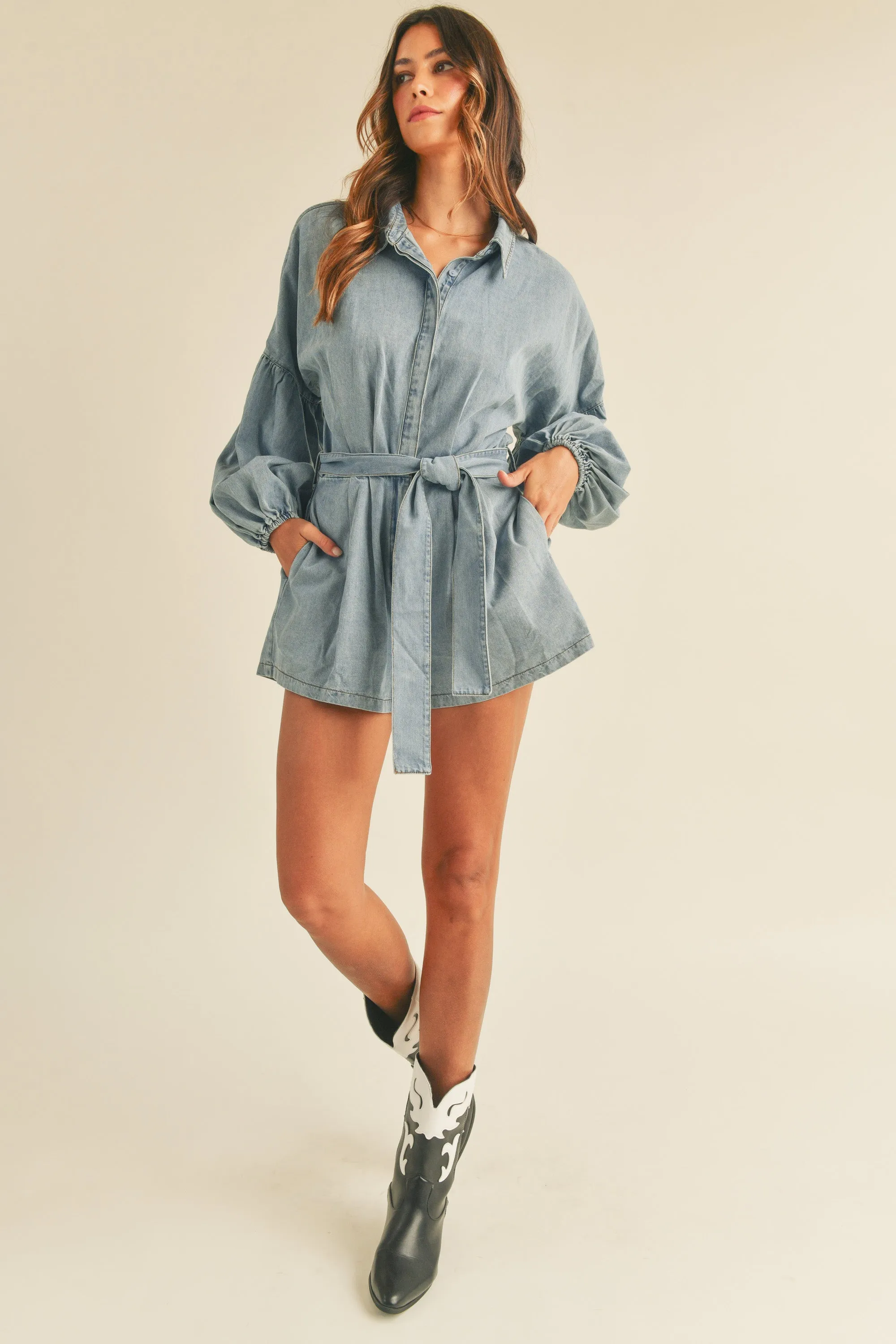 WREN BALLOON SLEEVE BUTTON SHIRTS ROMPER sold by MABLE