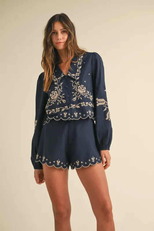 ABBEY EMBROIDERED COLLAR SHIRT AND SHORTS SET made by MABLE