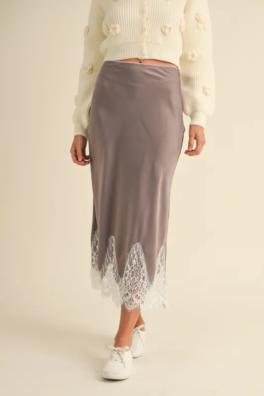GISELE SCALLOP LACE TRIMMED SATIN MIDI SKIRT made by MABLE