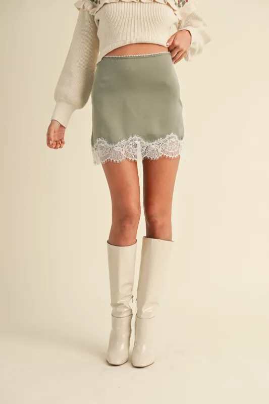 VONNI SCALLOP LACE TRIMMED SATIN MINI SKIRT made by MABLE