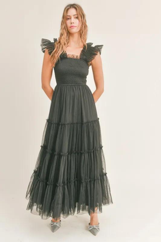 GIANA MESH RUFFLED SHOULDER MAXI DRESS made by MABLE