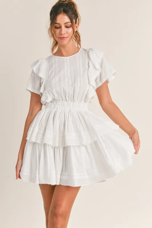SLOANE LACE TRIM SHIRRED LAYERED DRESS made by MABLE