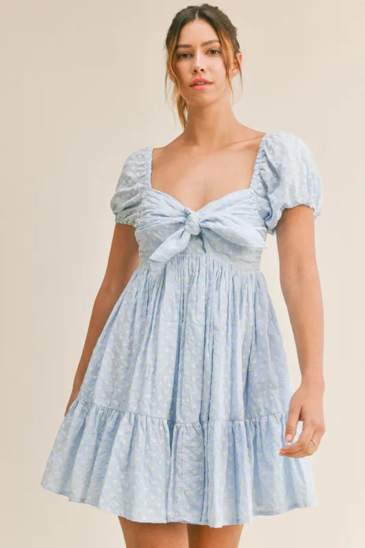 RAQUEL TEXTURED FRONT TIE DOLL MINI DRESS sold by MABLE