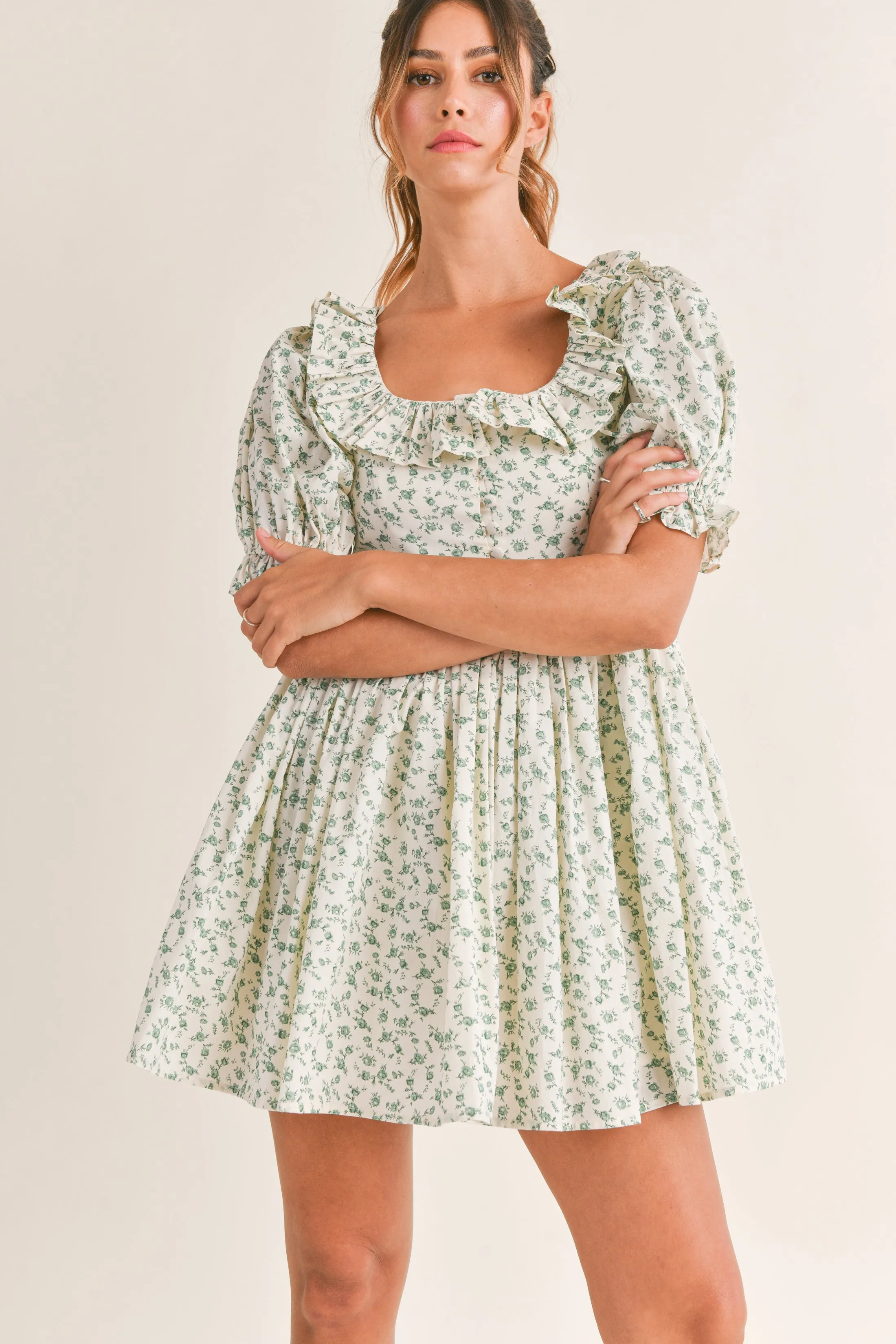 VIVIAN FLORAL RUFFLED NECK MINI DRESS sold by MABLE