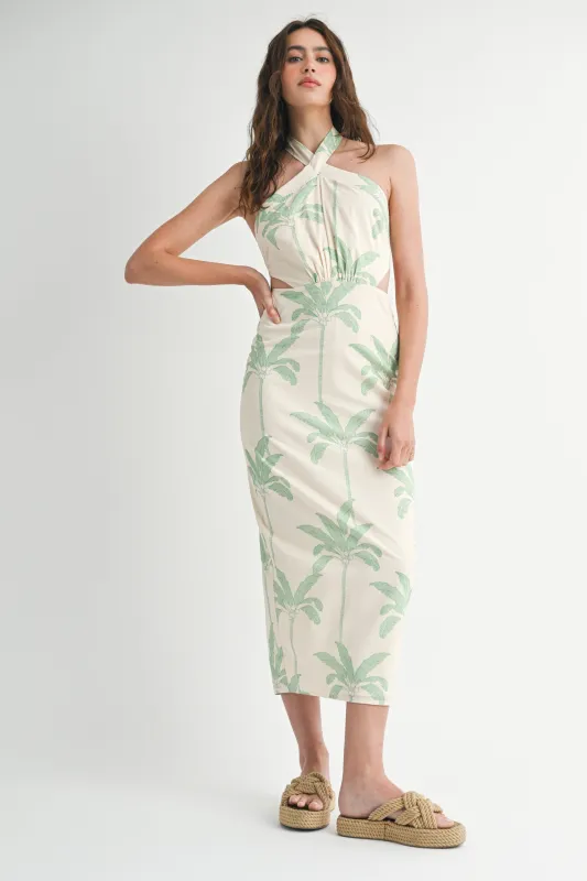 ROWAN PALM TREE PRINT HALTERNECK MIDI DRESS sold by MABLE