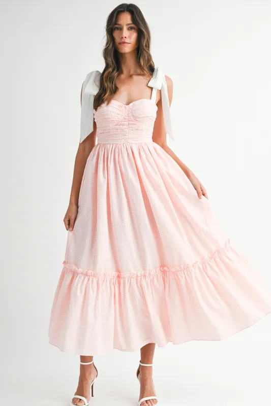 LIV GINGHAM PLAID RUCHED TIERED MIDI DRESS made by MABLE