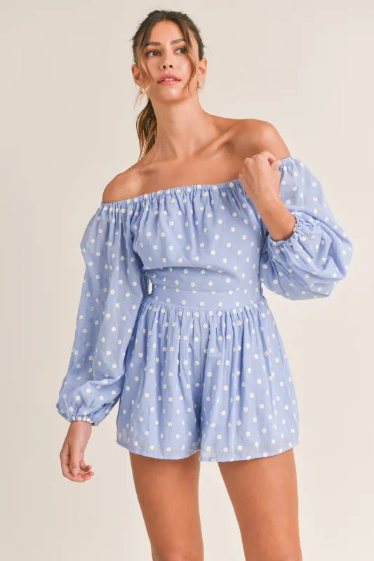 LOLANTHE DOTTED OFF SHOULDER ROMPER made by MABLE