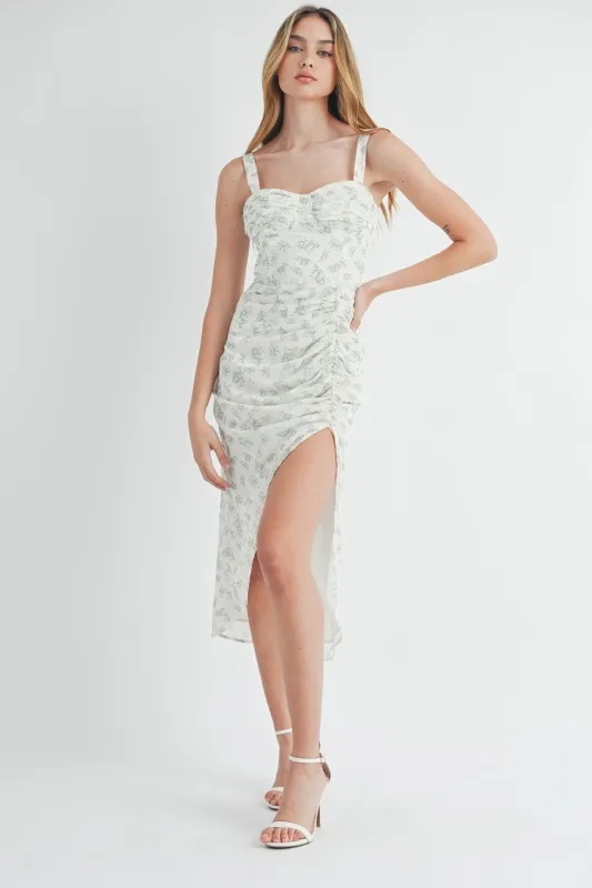 CHLOE FLORAL RUCHED MIDI CORSET DRESS sold by MABLE