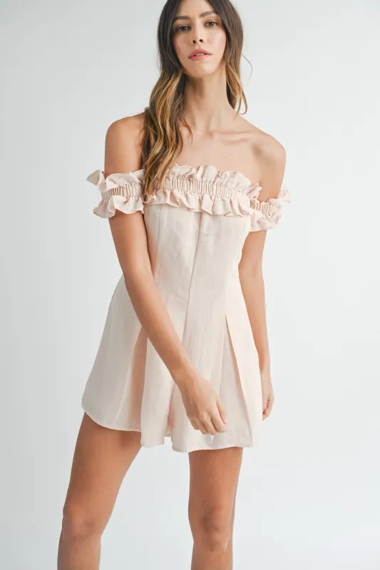 ELISA RUFFLED OFF THE SHOULDER ROMPER made by MABLE
