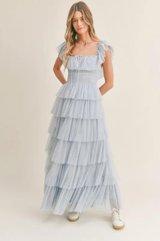 ABBY RUFFLE TIERED MAXI MESH DRESS made by MABLE