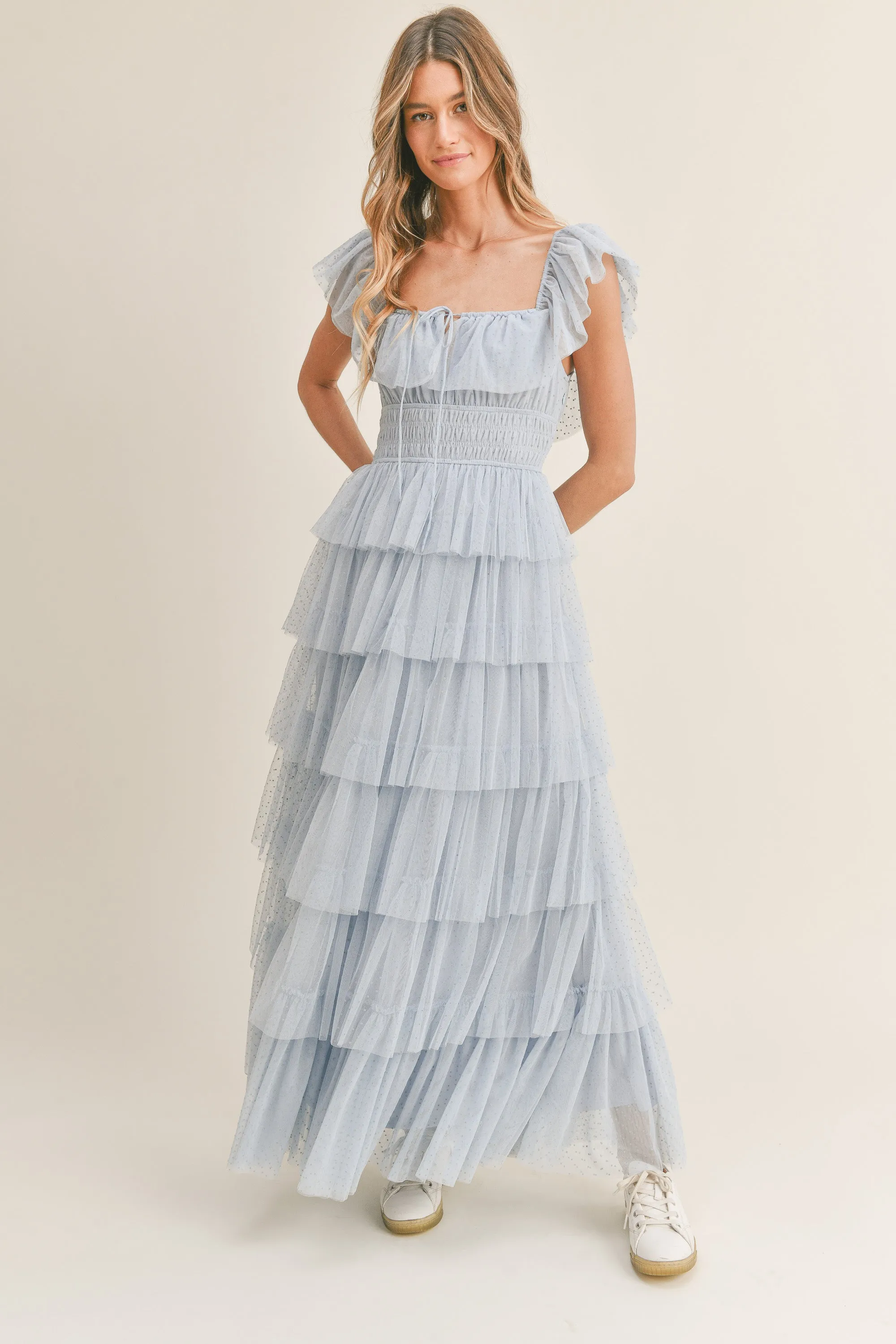 ABBY RUFFLE TIERED MAXI MESH DRESS sold by MABLE
