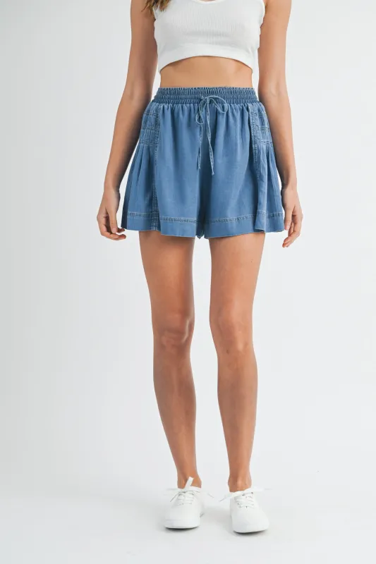 MADELENE PLEATED CHAMBRAY SHORTS made by MABLE