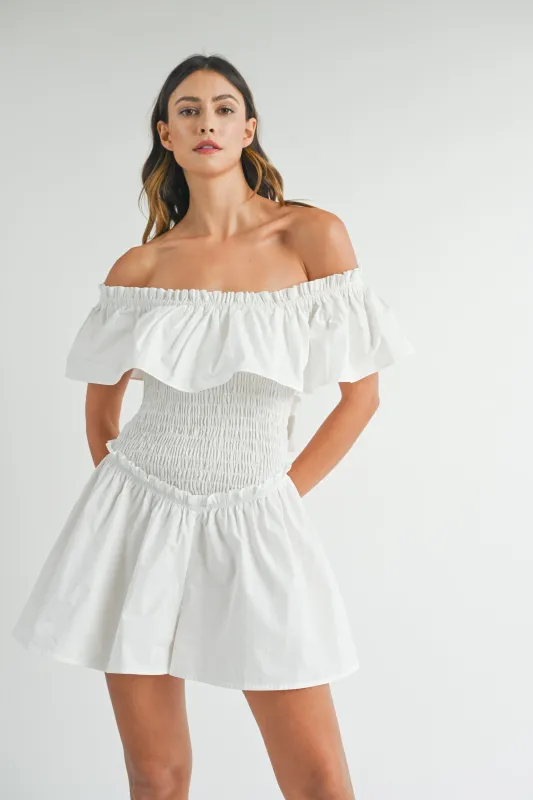 JILL RUFFLED OFF THE SHOURDER ROMPER made by MABLE