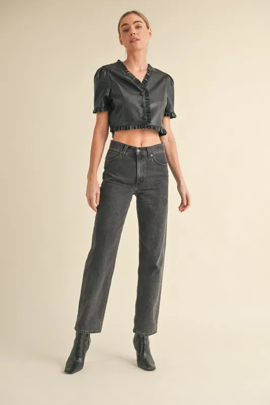 UMA PU LEATHER BUTTON DOWN BLOUSE made by MABLE