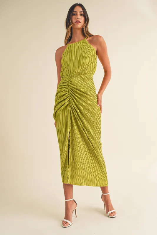 YANNI RUCHED PLEATED MIDI DRESS made by MABLE