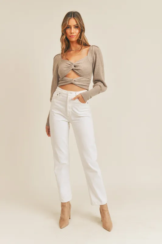 VIANNE OPEN FRONT TWIST CROP SWEATER made by MABLE