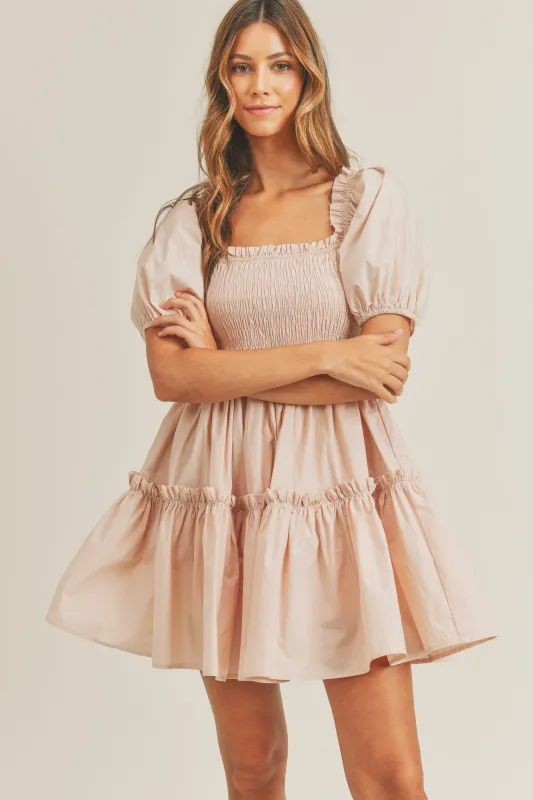 JIANNA SMOCKED TIERED MINI DRESS made by MABLE
