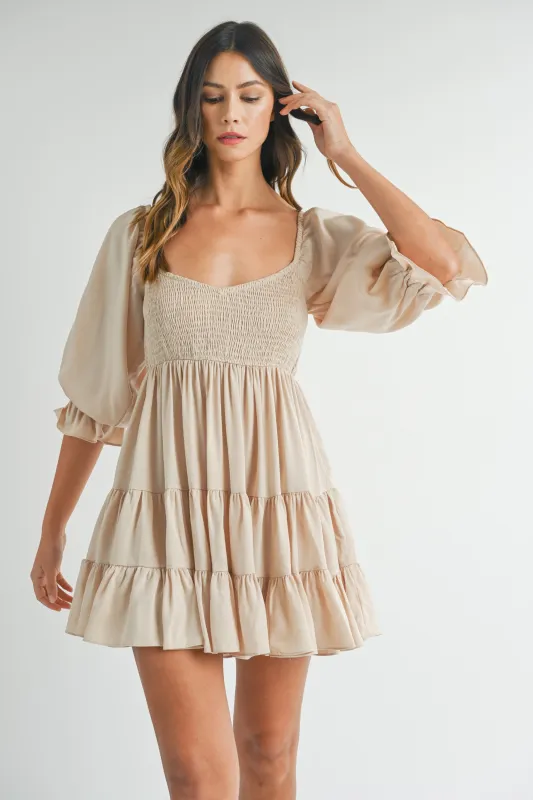 EMORY SMOCKED RUFFLE MINI DRESS made by MABLE
