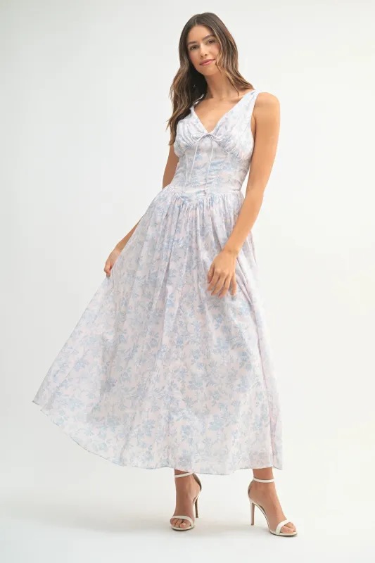 MACY BUSTIER BODY FLORAL PRINTED MIDI DRESS made by MABLE