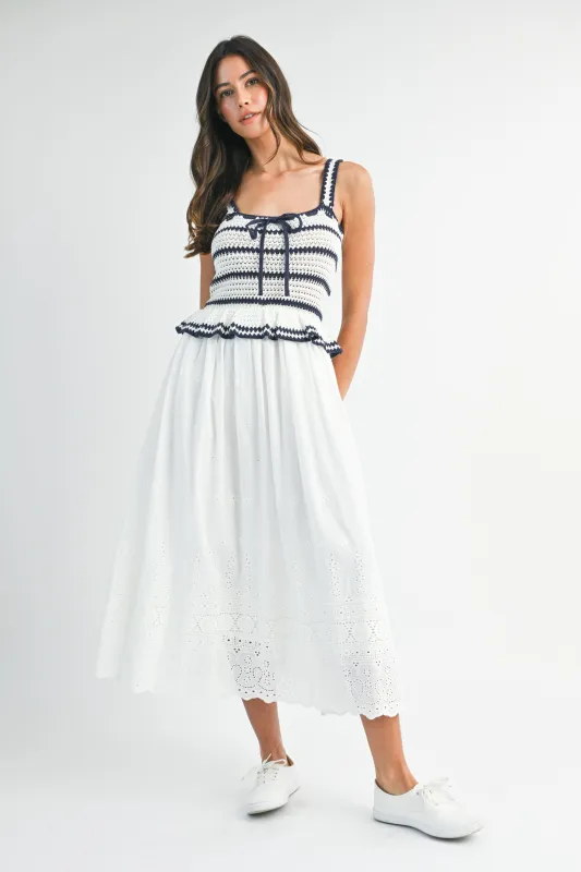 SANDRA CROCHET STRIPE KNIT BODICE MIDI DRESS made by MABLE