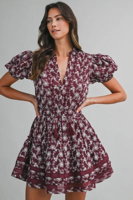 CASSIDY EMBROIDERED RUFFLE TIER MINI DRESS made by MABLE