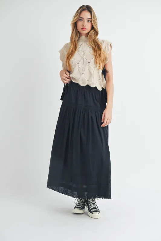 JOSIE TIERED PINTUCK EYELET LACE TRIMMED MIDI SKIRT made by MABLE