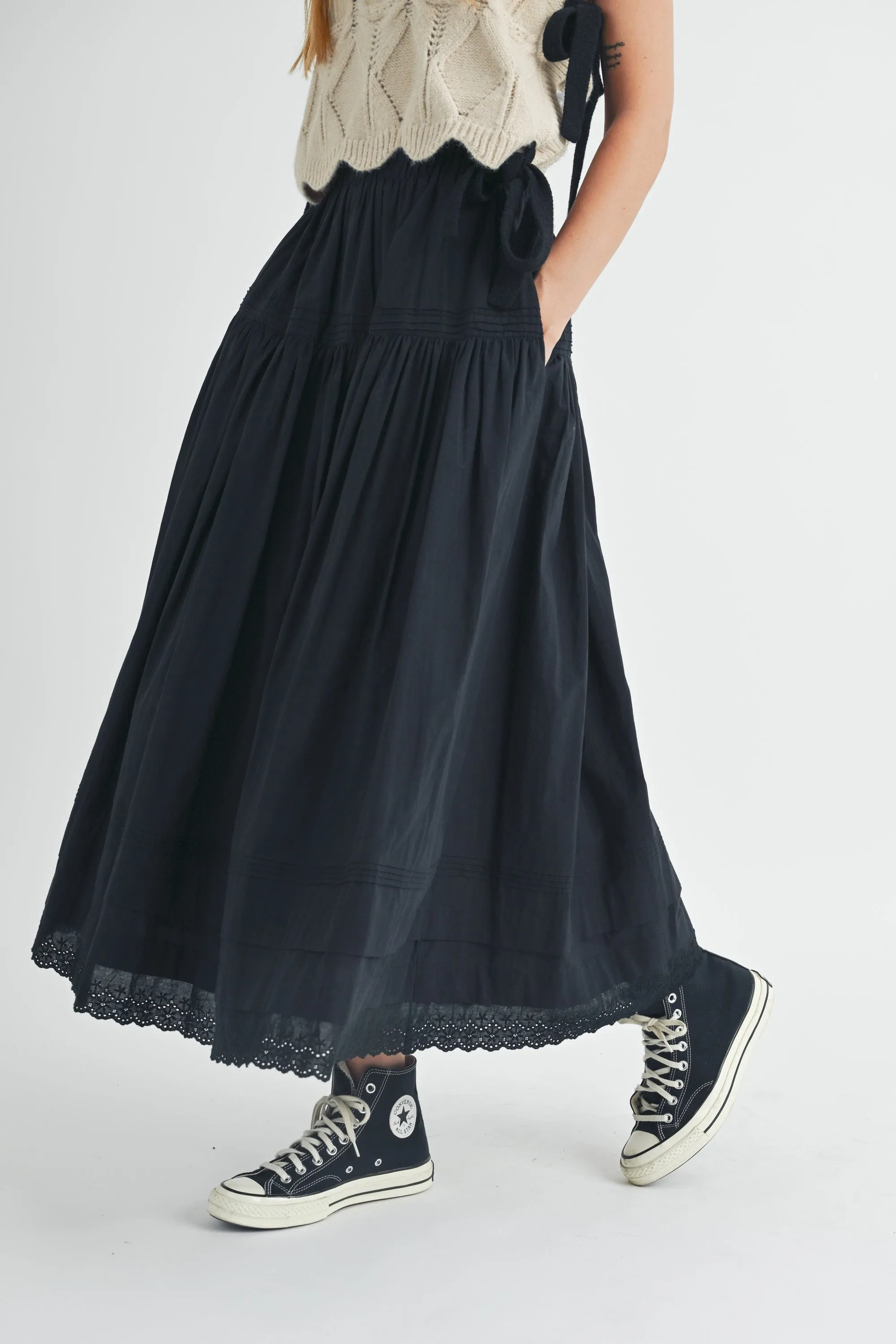 JOSIE TIERED PINTUCK EYELET LACE TRIMMED MIDI SKIRT sold by MABLE product image thumbnail 4