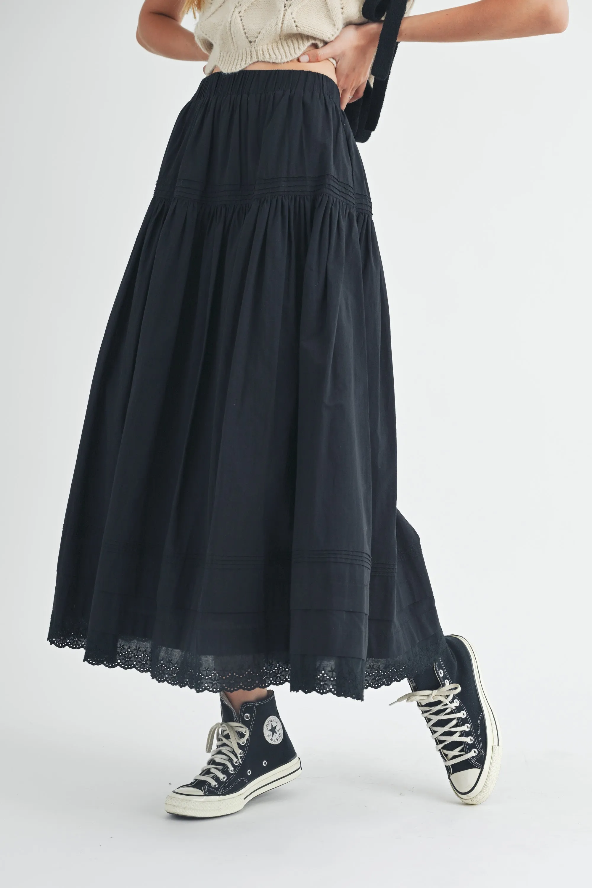 JOSIE TIERED PINTUCK EYELET LACE TRIMMED MIDI SKIRT sold by MABLE product image thumbnail 3