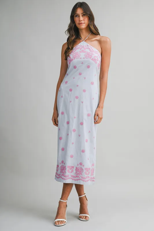 NYRA EMBROIDERED HALTER NECK MIDI DRESS made by MABLE