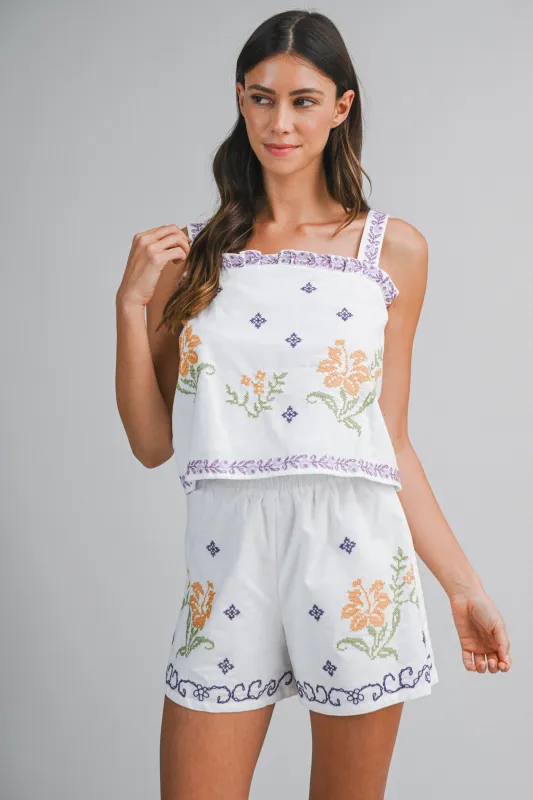 BAYLOR EMBROIDERY STRAP TOP AND SHORTS SET made by MABLE