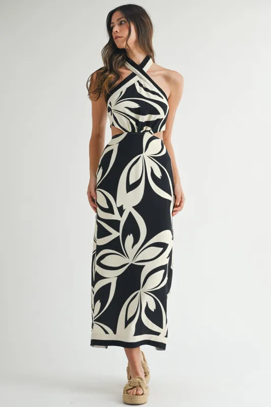 SERENITY PRINTED HALTER NECK MIDI DRESS made by MABLE