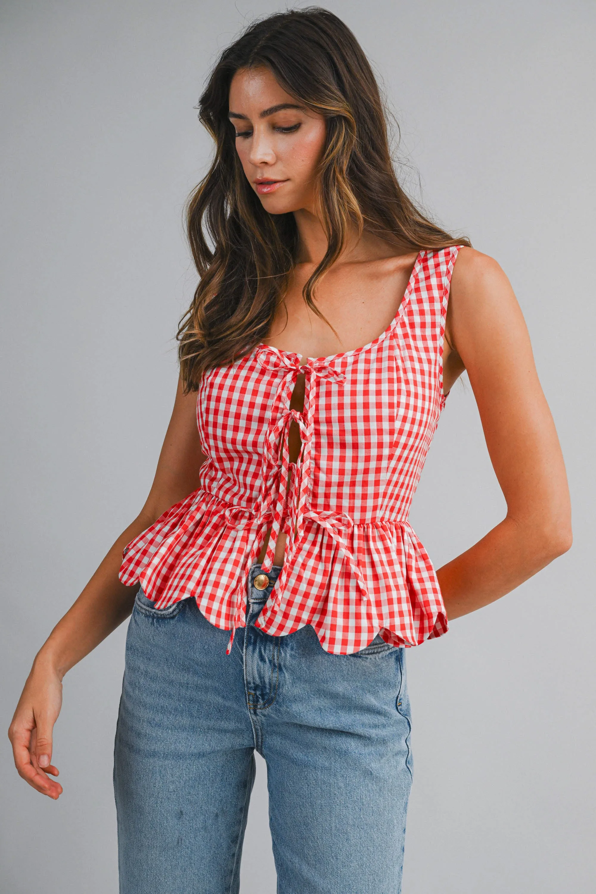KENNEDY BOW DETAILED GINGHAM PLAID PEPLUM TOP sold by MABLE product image thumbnail 2